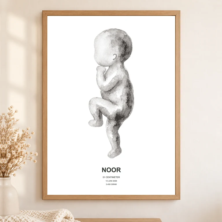 Geboorteposter met aquarelillustratie van een baby en geboortegegevens van Noor in een houten lijst.