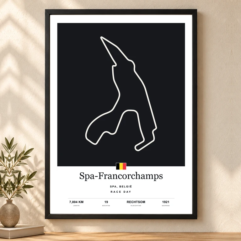 Racecircuitposter van Spa-Francorchamps met circuitvorm en circuitgegevens in een zwarte lijst.